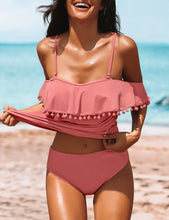 Load image into Gallery viewer, Uqnaivs Women&#39;s Off Shoulder Ruffle Tassel Two Piece Tankini Set Swimwear Swimsuit