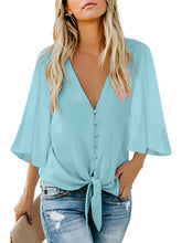 Load image into Gallery viewer, Uqnaivs Womens V Neck Button Down Shirt 3/4 Sleeve Blouses Tie Knot Tops