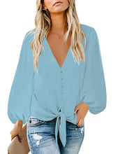 Load image into Gallery viewer, Uqnaivs Womens V Neck Button Down Shirt 3/4 Sleeve Blouses Tie Knot Tops
