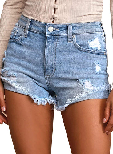 Uqnaivs Women's Mid Rise Shorts Ripped Faded Wash Frayed Raw Hem Denim Jean Shorts