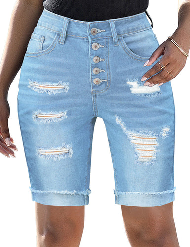 Uqnaivs Women's Mid Rise Button Fly Cuffed Hem Ripped Denim Bermuda Jean Shorts