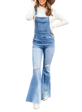 Load image into Gallery viewer, Uqnaivs Womens Ripped Frayed Hem Adjustable Denim Bib Overall Flare Jeans Pants