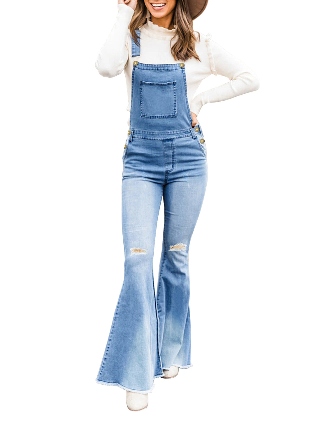 Uqnaivs Womens Ripped Frayed Hem Adjustable Denim Bib Overall Flare Jeans Pants
