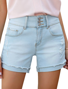 Uqnaivs Women's Casual High Waisted Cuffed Hem Stretchy Ripped Denim Jean Shorts