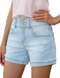 Uqnaivs Women's Casual High Waisted Cuffed Hem Stretchy Ripped Denim Jean Shorts