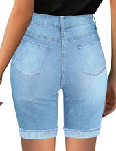 Load image into Gallery viewer, Uqnaivs Women&#39;s Mid Rise Button Fly Cuffed Hem Ripped Denim Bermuda Jean Shorts