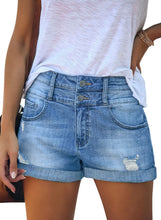 Load image into Gallery viewer, Uqnaivs Womens High Rise Front Buttons Ripped Rolled Hem Casual Denim Jeans Shorts