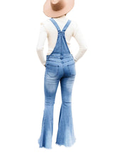 Load image into Gallery viewer, Uqnaivs Womens Ripped Frayed Hem Adjustable Denim Bib Overall Flare Jeans Pants