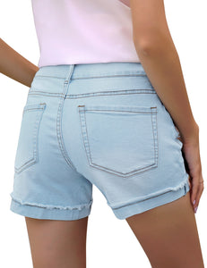 Uqnaivs Women's Casual High Waisted Cuffed Hem Stretchy Ripped Denim Jean Shorts