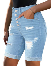 Load image into Gallery viewer, Uqnaivs Women&#39;s Mid Rise Button Fly Cuffed Hem Ripped Denim Bermuda Jean Shorts