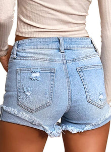 Uqnaivs Women's Mid Rise Shorts Ripped Faded Wash Frayed Raw Hem Denim Jean Shorts
