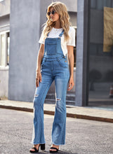 Load image into Gallery viewer, Uqnaivs Womens Ripped Frayed Hem Adjustable Denim Bib Overall Flare Jeans Pants