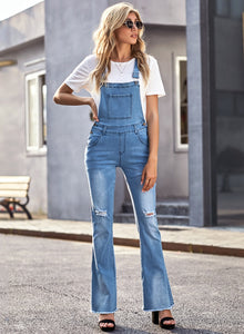 Uqnaivs Womens Ripped Frayed Hem Adjustable Denim Bib Overall Flare Jeans Pants