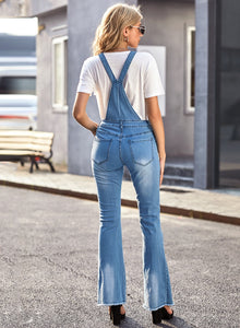 Uqnaivs Womens Ripped Frayed Hem Adjustable Denim Bib Overall Flare Jeans Pants