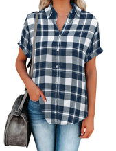 Load image into Gallery viewer, Uqnaivs Women&#39;s Classic Short Sleeve Plaid Shirt Button Down Collared Loose Tops
