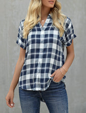 Load image into Gallery viewer, Uqnaivs Women&#39;s Classic Short Sleeve Plaid Shirt Button Down Collared Loose Tops