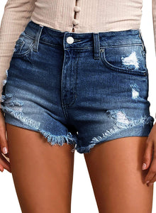 Uqnaivs Women's Mid Rise Shorts Ripped Faded Wash Frayed Raw Hem Denim Jean Shorts