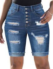 Load image into Gallery viewer, Uqnaivs Women&#39;s Mid Rise Button Fly Cuffed Hem Ripped Denim Bermuda Jean Shorts