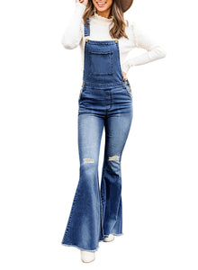 Uqnaivs Womens Ripped Frayed Hem Adjustable Denim Bib Overall Flare Jeans Pants