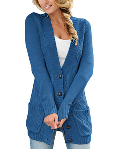 Uqnaivs Womens Open Front Long Sleeves Pocket Button Cable Knit Sweater Cardigan