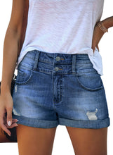 Load image into Gallery viewer, Uqnaivs Womens High Rise Front Buttons Ripped Rolled Hem Casual Denim Jeans Shorts