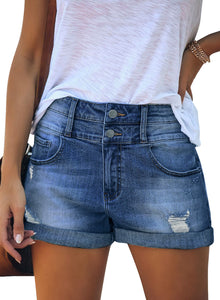Uqnaivs Womens High Rise Front Buttons Ripped Rolled Hem Casual Denim Jeans Shorts