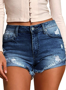 Uqnaivs Women's Mid Rise Shorts Ripped Faded Wash Frayed Raw Hem Denim Jean Shorts