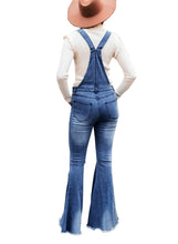 Load image into Gallery viewer, Uqnaivs Womens Ripped Frayed Hem Adjustable Denim Bib Overall Flare Jeans Pants