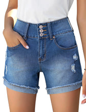 Load image into Gallery viewer, Uqnaivs Women&#39;s Casual High Waisted Cuffed Hem Stretchy Ripped Denim Jean Shorts