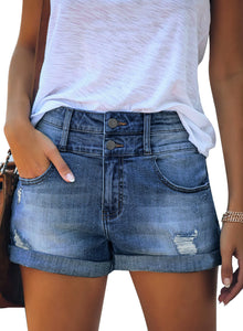 Uqnaivs Womens High Rise Front Buttons Ripped Rolled Hem Casual Denim Jeans Shorts