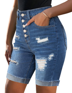 Uqnaivs Women's Mid Rise Button Fly Cuffed Hem Ripped Denim Bermuda Jean Shorts