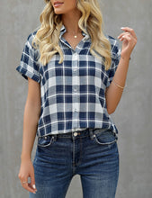 Load image into Gallery viewer, Uqnaivs Women&#39;s Classic Short Sleeve Plaid Shirt Button Down Collared Loose Tops