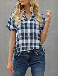 Uqnaivs Women's Classic Short Sleeve Plaid Shirt Button Down Collared Loose Tops