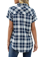 Load image into Gallery viewer, Uqnaivs Women&#39;s Classic Short Sleeve Plaid Shirt Button Down Collared Loose Tops