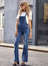Load image into Gallery viewer, Uqnaivs Womens Ripped Frayed Hem Adjustable Denim Bib Overall Flare Jeans Pants