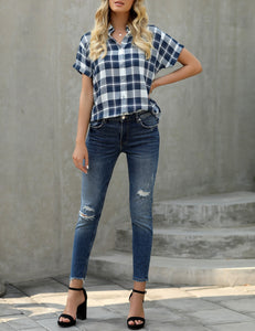 Uqnaivs Women's Classic Short Sleeve Plaid Shirt Button Down Collared Loose Tops