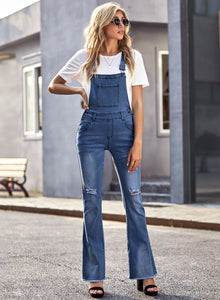 Uqnaivs Womens Ripped Frayed Hem Adjustable Denim Bib Overall Flare Jeans Pants
