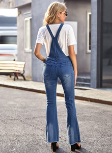 Uqnaivs Womens Ripped Frayed Hem Adjustable Denim Bib Overall Flare Jeans Pants