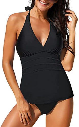 Uqnaivs Womens V Neck Two Pieces Swimsuit Halter Open Back Tankini Bathing Suit