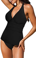 Load image into Gallery viewer, Uqnaivs Womens V Neck Two Pieces Swimsuit Halter Open Back Tankini Bathing Suit