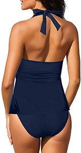 Uqnaivs Womens V Neck Two Pieces Swimsuit Halter Open Back Tankini Bathing Suit