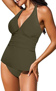 Uqnaivs Womens V Neck Two Pieces Swimsuit Halter Open Back Tankini Bathing Suit