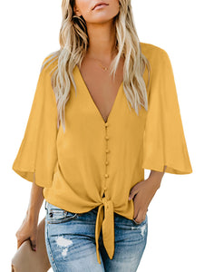 Uqnaivs Womens V Neck Button Down Shirt 3/4 Sleeve Blouses Tie Knot Tops