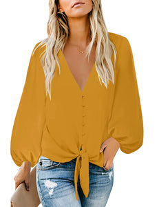 Uqnaivs Womens V Neck Button Down Shirt 3/4 Sleeve Blouses Tie Knot Tops