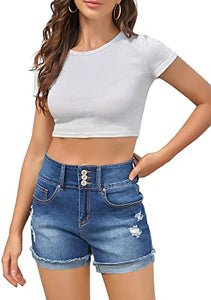 Uqnaivs Women's Casual High Waisted Cuffed Hem Stretchy Ripped Denim Jean Shorts