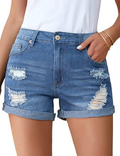 Load image into Gallery viewer, Uqnaivs Womens High Rise Front Buttons Ripped Rolled Hem Casual Denim Jeans Shorts