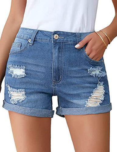 Uqnaivs Womens High Rise Front Buttons Ripped Rolled Hem Casual Denim Jeans Shorts