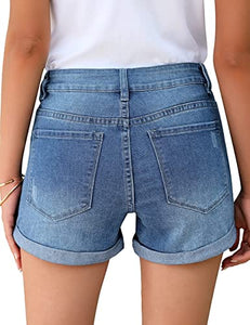 Uqnaivs Womens High Rise Front Buttons Ripped Rolled Hem Casual Denim Jeans Shorts