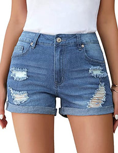 Uqnaivs Womens High Rise Front Buttons Ripped Rolled Hem Casual Denim Jeans Shorts