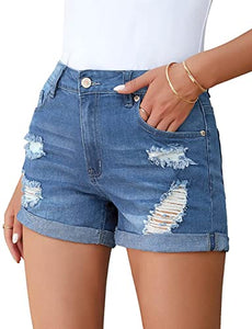 Uqnaivs Womens High Rise Front Buttons Ripped Rolled Hem Casual Denim Jeans Shorts